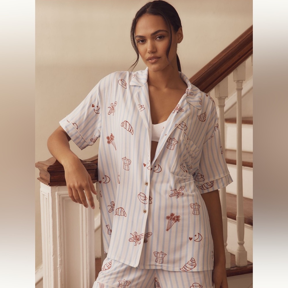 NWT Anthropologie Briar Piped Pajama Shirt Striped Blue White Red Accent Designs
